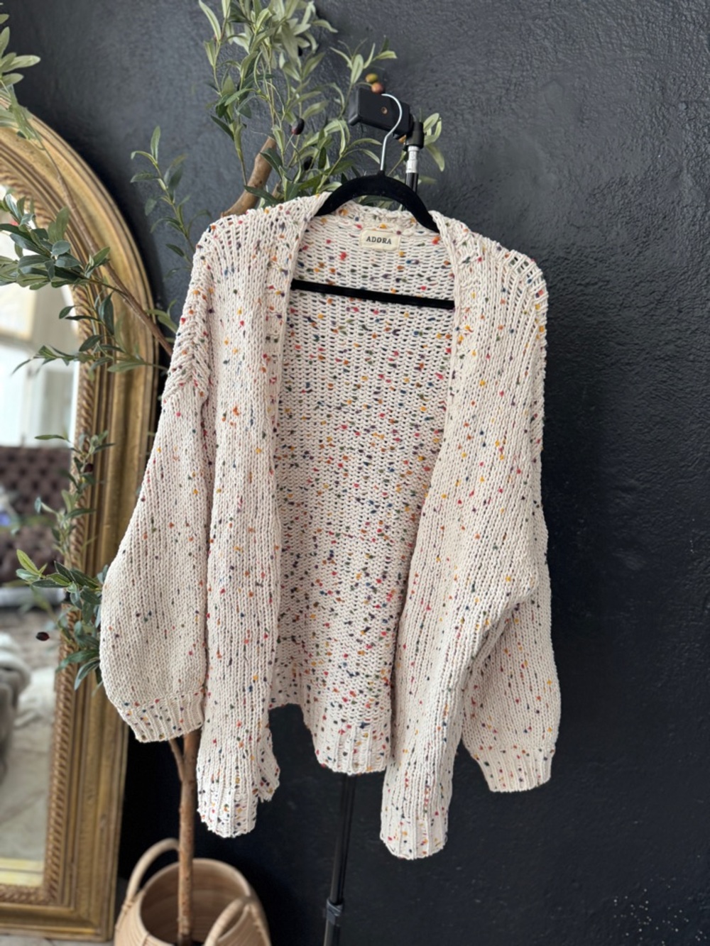 ADORA Cream Confetti Speckled Open-Front Cardigan